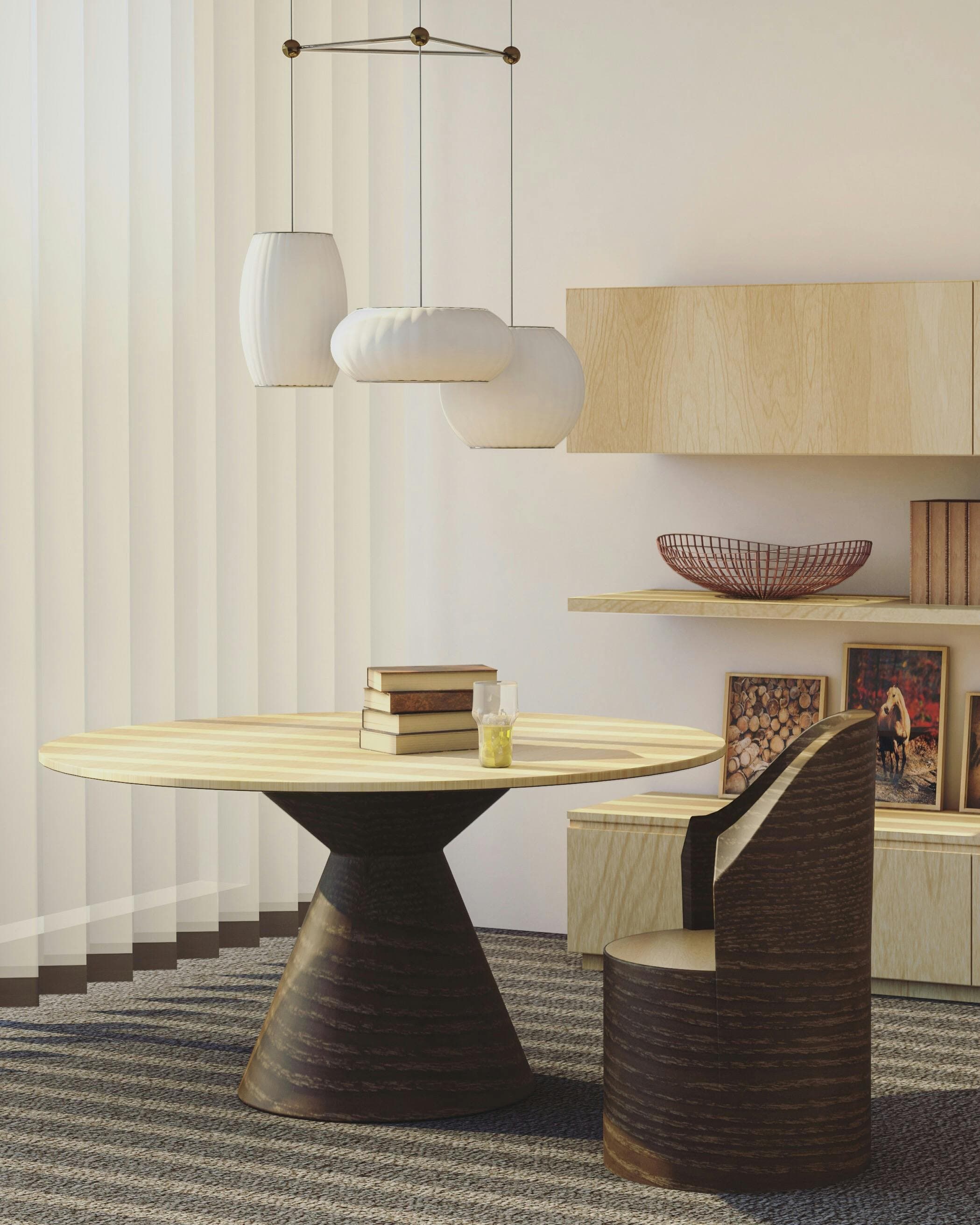 Modern dining area with round wooden table, contemporary chair, and floating shelves